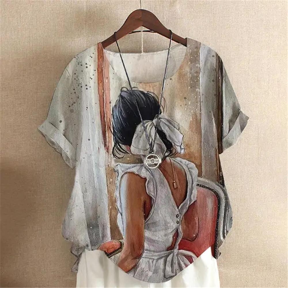 Oil Painting Y2k Girls Digital 3D Print Summer Fashion Women T-shirt Short Sleeve Everyday T-shirt Harajuku Vintage Pullover