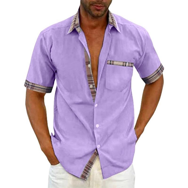 Men's Summer Casual Button Down Shirt Fashion with Plaid Trim Pocket Detail Short Sleeve