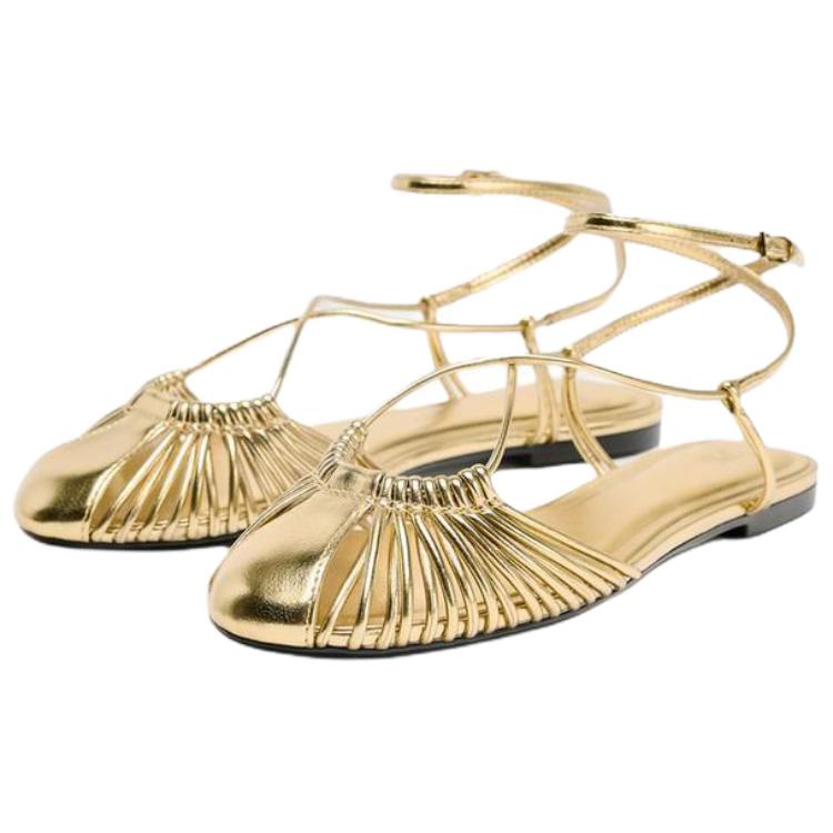 Zara Pu Vintage Open-Back Metallic Layer Effect Strap Casual Flats 1Cm Women Flats Gold 3550510253