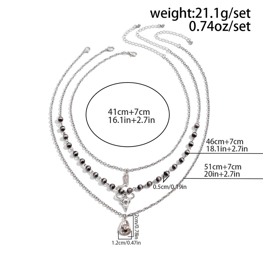 PuRui Ethnic copper Color 3Pcs/Set Thin Chain Necklace for Women Boot Horn Pendant Adjustable Round Beads Choker Zircon Gift