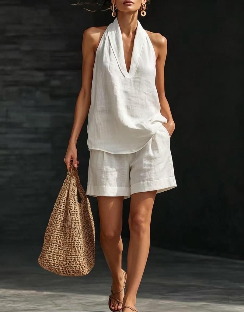 In Stock Women's Halter V-Neck Sleeveless Casual Fashion Set
