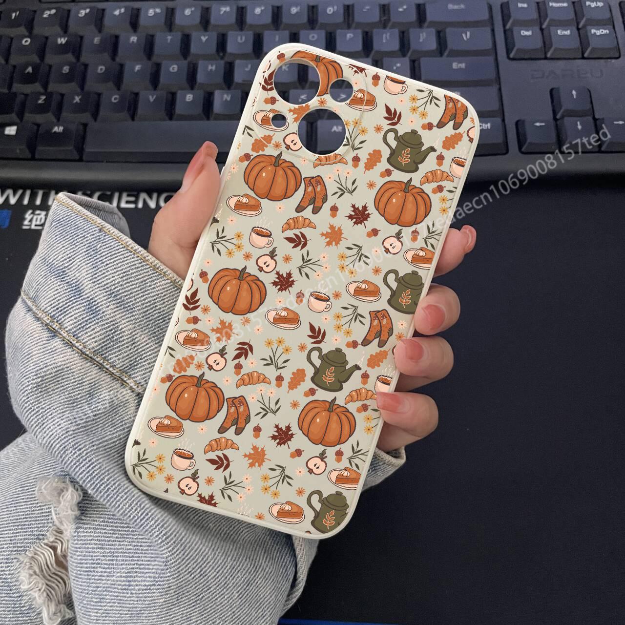 

Графический чехол для телефона с узором из листьев для IPhone 16 15 14 13 12 11 X XR 17 8 7 Plus Pro Max Осенние тыквенные листья Осенний силиконовый чехол iPhone 13 mini