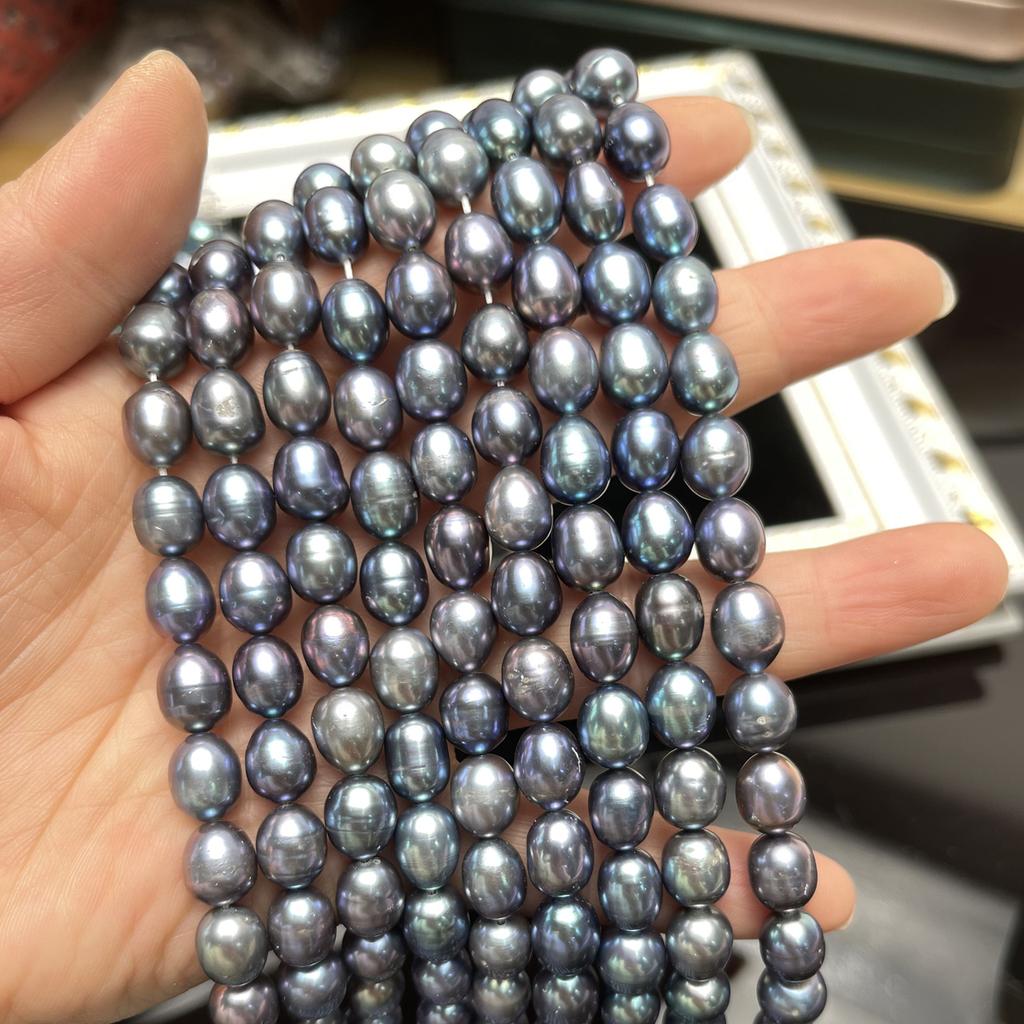 1String, Black Natural Freshwater Pearls, Handmade Rice Pearl Beads for Jewelry Making DIY Necklaces, Bracelets Crafts (Beads 8-9mm, Length 36cm)