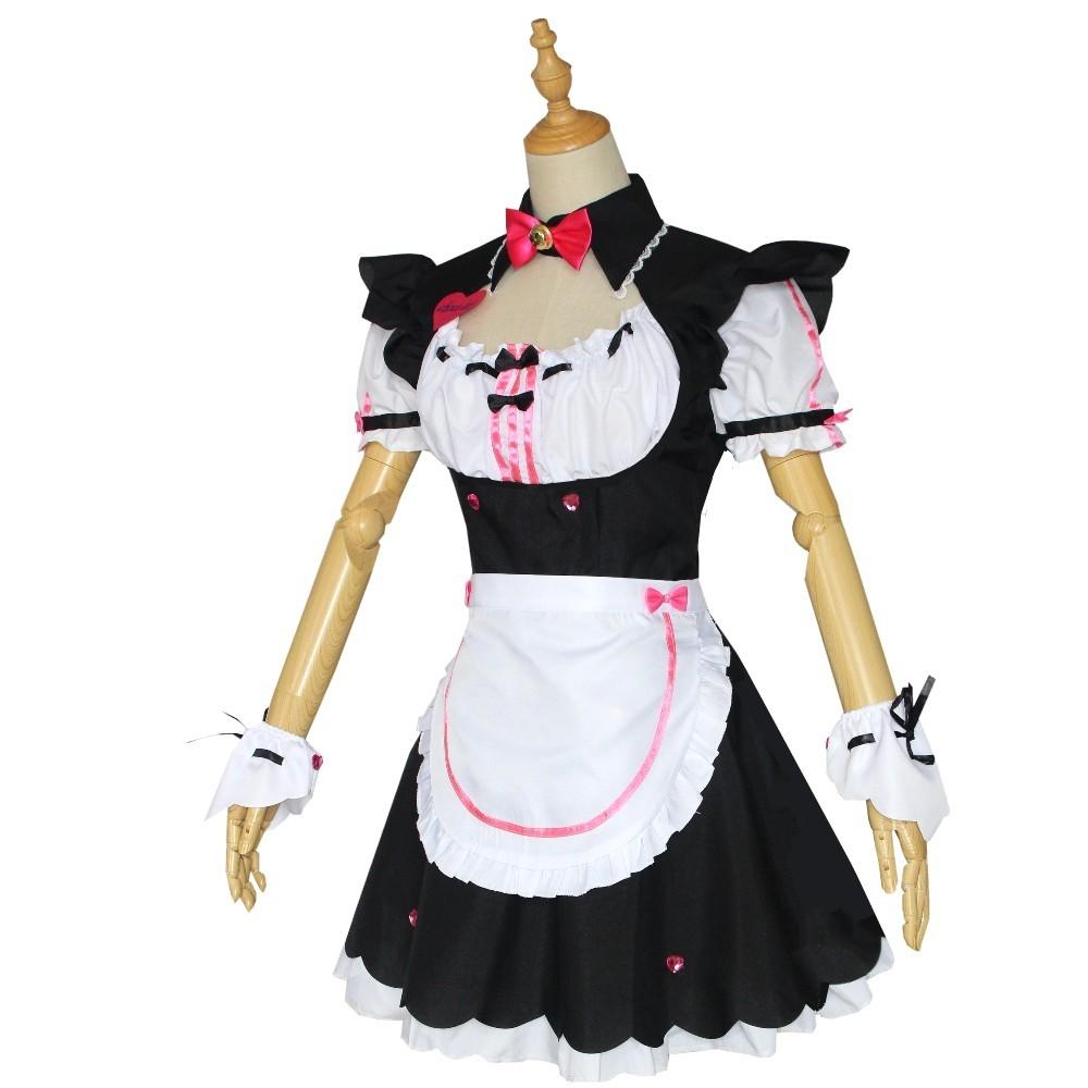 NEKOPARA Cosplay Chocola Vanilla Cosplay Dienstmädchenkleid Damen Mädchen Komplettset Süßes Lolita Halloween Party Outfits mit Perücke