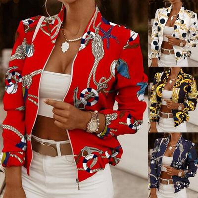 Women's Casual Jacket Fashion Long Sleeves Short Coat Slim Small Suit Loose Zipper Print Stand Collar Baseball Uniform