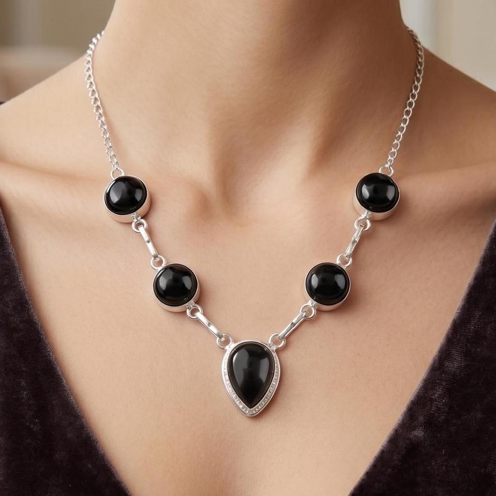 Gioielli in Argento Sterling 925 con Pietra di Tormalina Nera Collana di Design Fatta a Mano 16-18" RN-3-24