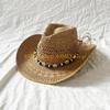 49MD Handwoven Straw Hat Sun Protective Hat Roll Brim Straw Hat with Seashells Belt