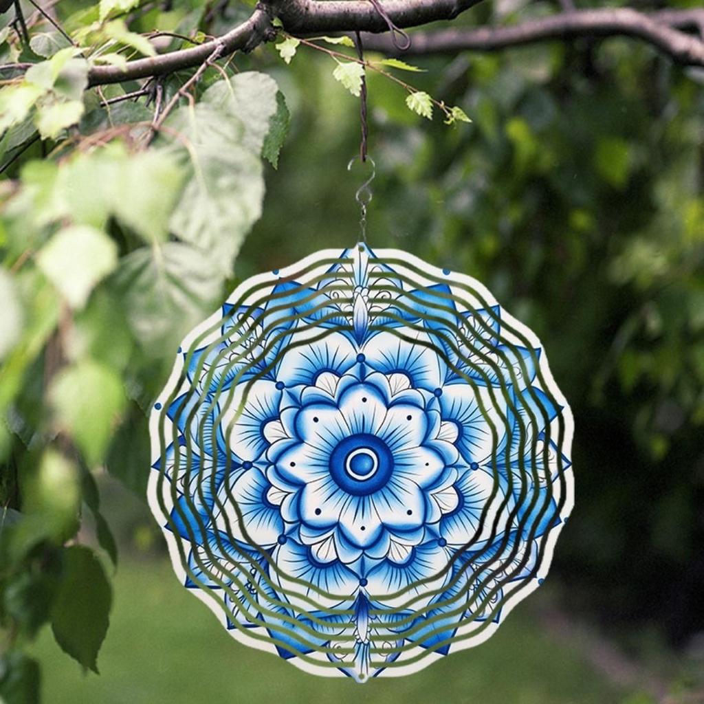 2D Mandala Flower Metal Wind Spinner - Blue & White Kinetic Hanging Decor for Indoor/Outdoor Use, Perfect Christmas & Thanksgiving Gift
