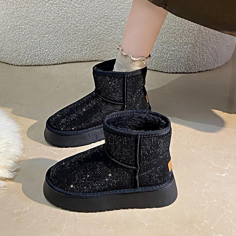 Fashion Women's New Winter Thick Soled Snow Boots Round Head Suede Rhinestone Anti-slip Wear-resistant Short Boots