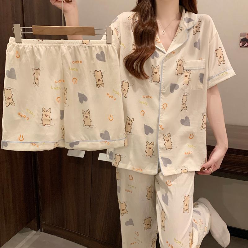 Girl Soft Cute Cartoon Piggy Summer Cloud Cotton Short-Sleeved Pajamas Women'S Love Three-Piece Set Loungewear