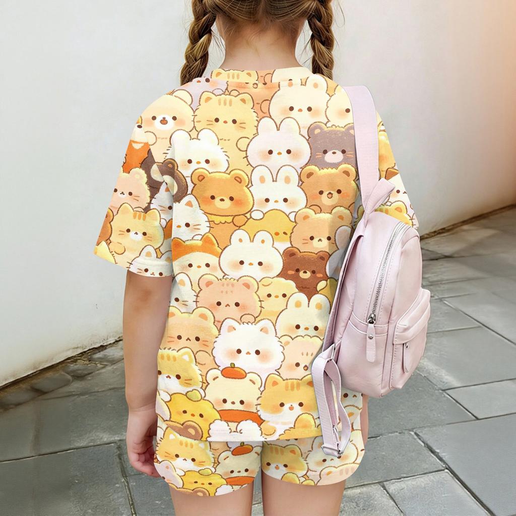 Kids Casual Short Sleeve Top and Shorts Set Animal Print Lightweight Comfortable Soft Fabric Summer Outfit for Boys and Girls