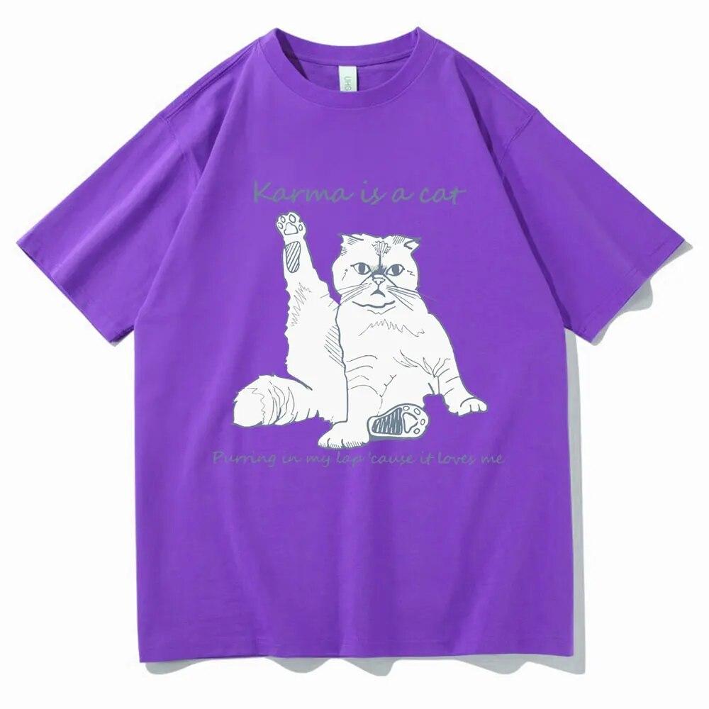 Karma Is A Cat T-skjorte med grafisk trykk Unisex kvinner Uformell Søte T-skjorter i bomull Overdimensjonerte par Kortermet Streetwear-gaver
