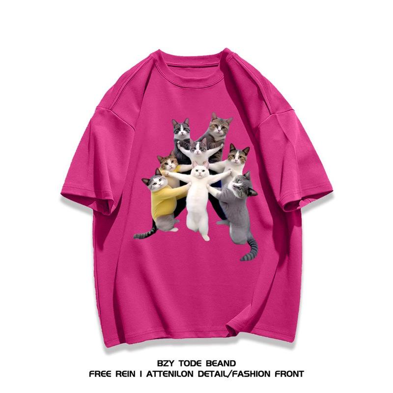 Korean Style Cat Print Cotton T-shirt - Trendy Loose Fit, Unisex Summer Casual