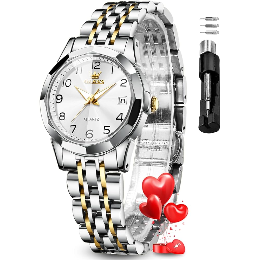 OLEVS Women s Luxury Dress Quartz Watch Gold Stainless Steel Waterproof Luminous Day-Date Wristwatch Gold-White