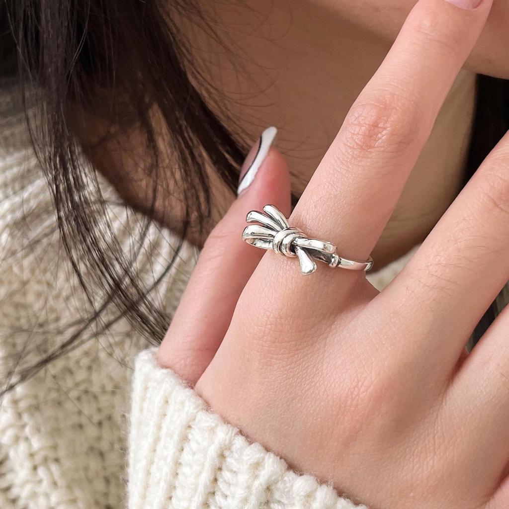 Yinruitai S925 Sterling Silver Bow Knot Ring - Autumn/Winter Retro Korean Women's Fashion.