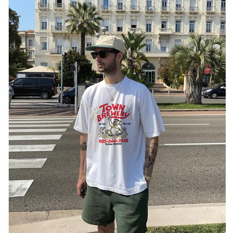 TOWN BREWERY American retro sports style bear cartoon printing pure cotton casual round neck short-sleeved T-shirt men