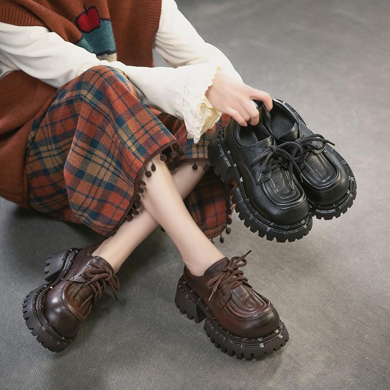 Johnature Britischer Stil Schnürschuhe Runde Spitze Dicke Sohle Echte Leder Vielseitige Damen High Heels Pumps