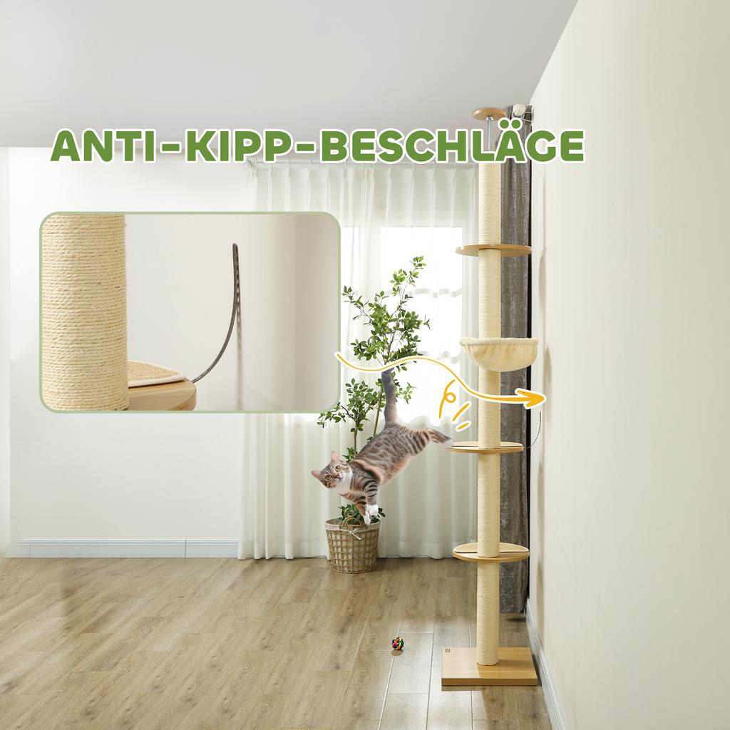 Floor To Ceiling Cat Tree Anti Tip Safety Sisal Rope Posts Engineered Wood Oak And Cream White