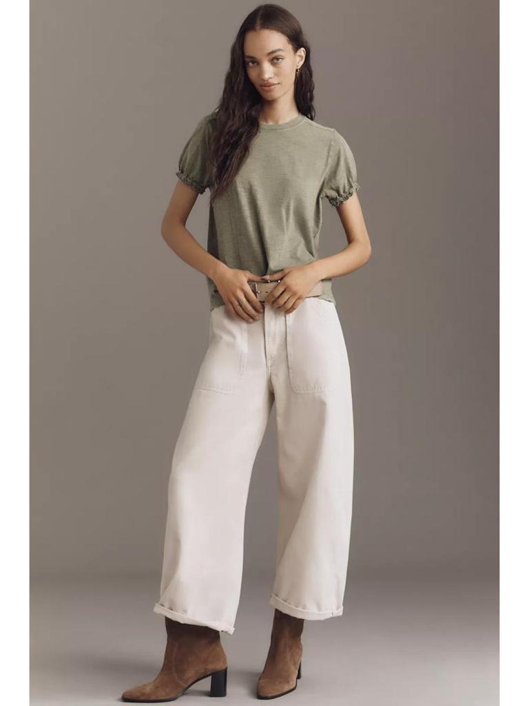 2026 Spring Women's Bubble Sleeve T-Shirt: Short-Sleeve, Solid Color, Round Neck, Skin-Friendly Design.