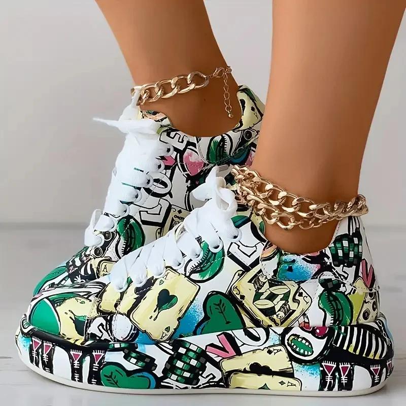 Women's Sneaker Thick-soled Shoes 2026 New Summer Hand-painted Graffiti Shoes for Women Outdoor Casual Sneakers Zapatos De Mujer