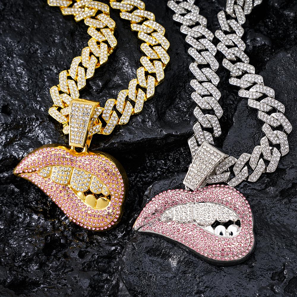 European & American Hip Hop Colored Diamond Biting Lips Pendant Necklace - Creative Cuban Chain Collection