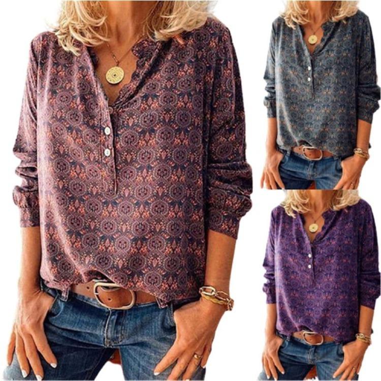 Ny Mote Kvinner Pluss Størrelse Casual Løs V-hals Langermet Vår Høst Trykk Hekling Knappe Topp Bluse