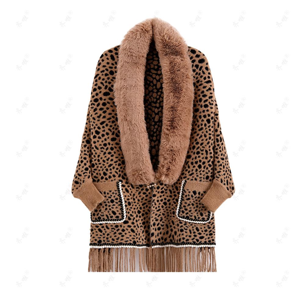 Autumn and Winter Imitation Mink Collar Pocket Sleeves Leopard Print Shawl Cape Fringed Scarf Jacket Women's Knitted Sweater