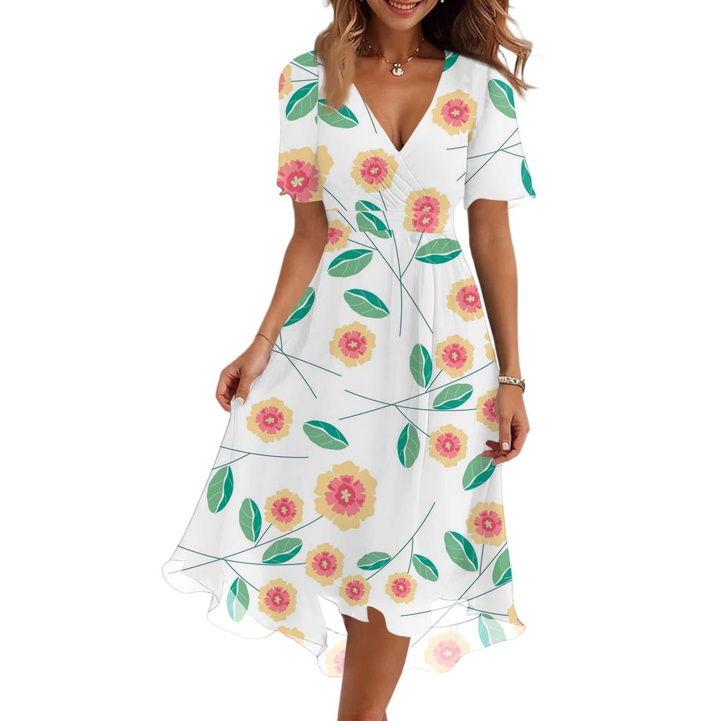 Women's Fashion Casual V-Neck Short Sleeve Floral Print Dress