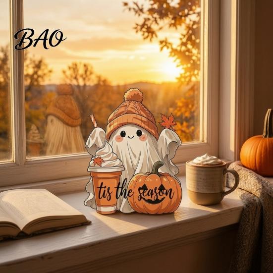 Seasonal Shelf Display Halloween Wooden Ghost Ornament with Pumpkin Pattern, Double Sided Desktop Decoration, Spooky Tiered Tray Decor Decor,