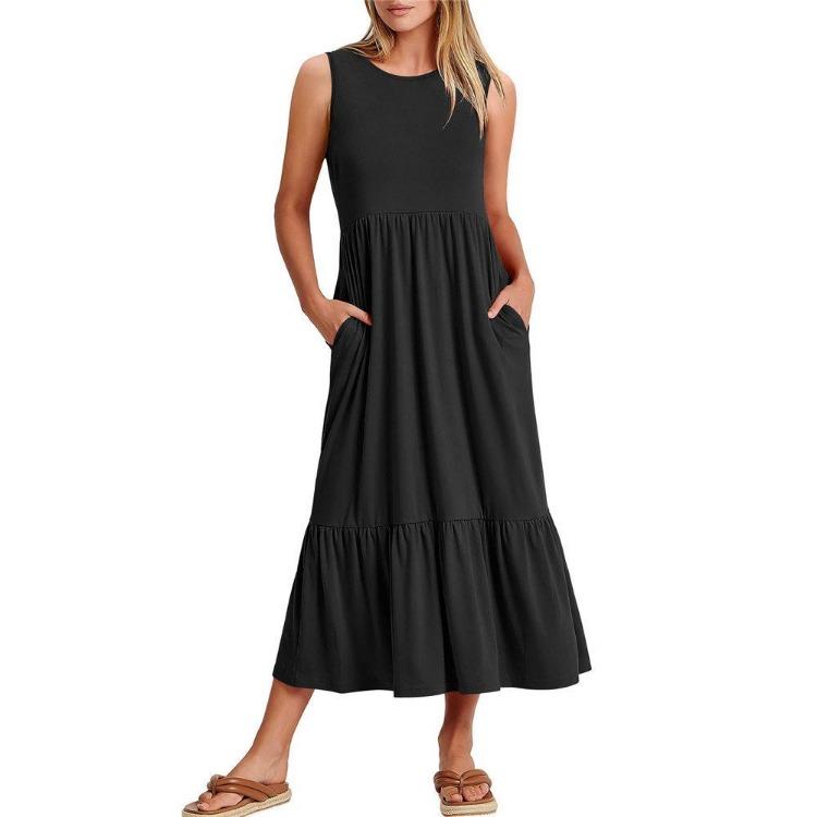 

Casual Summer Dress Women Sleeveless V Neck Swing Maxi Beach Dress Flowy Tiered with Pockets S чёрный