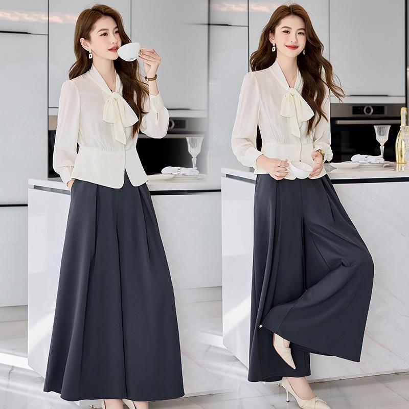 2025 Frühling & Herbst High-End Mode Zweiteiler: Schnürhemd mit langen Ärmeln & Weitbeinige Hose Set