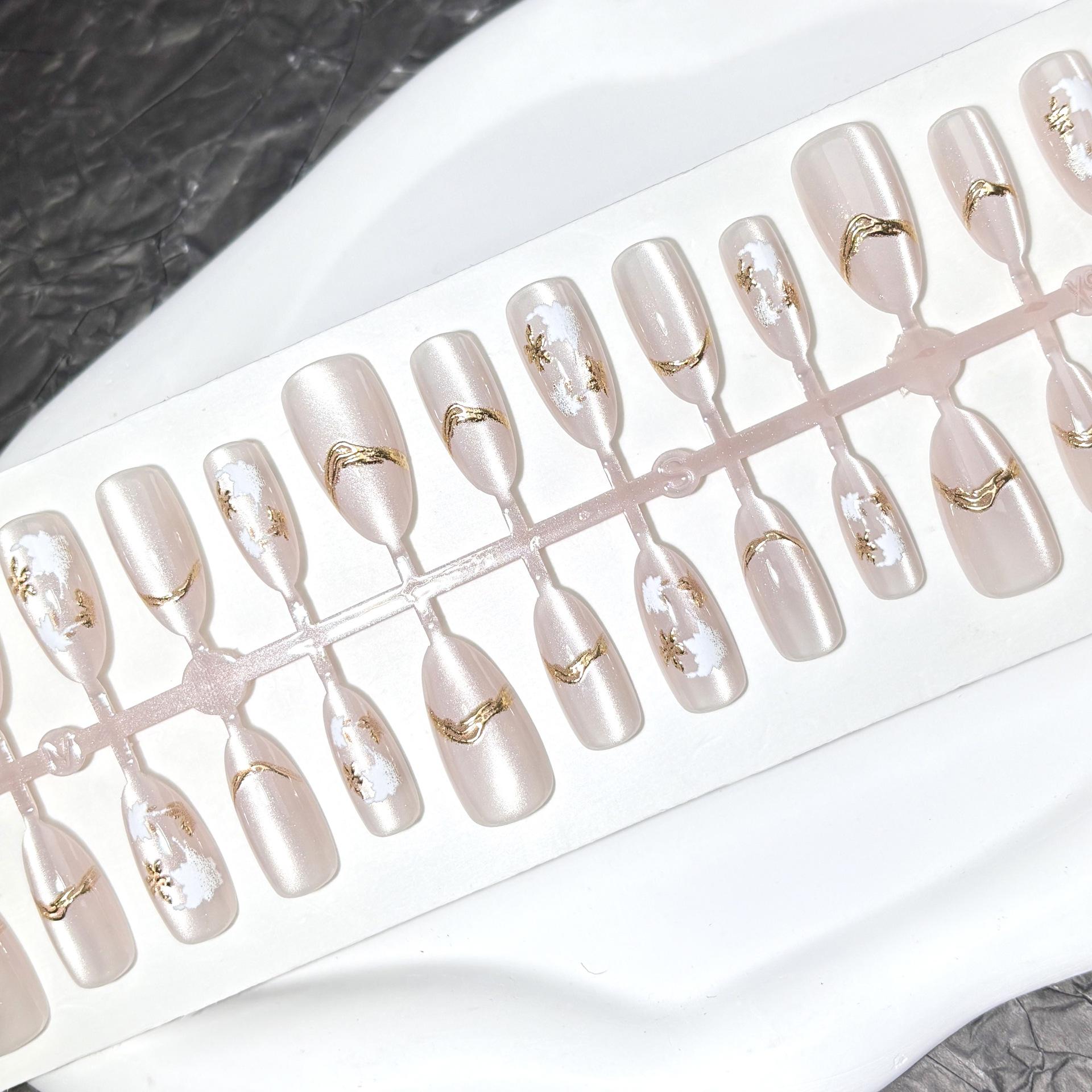 

White Moonlight Champagne Gilded Cat Eye Nude Press-On Nails - 30 Pcs