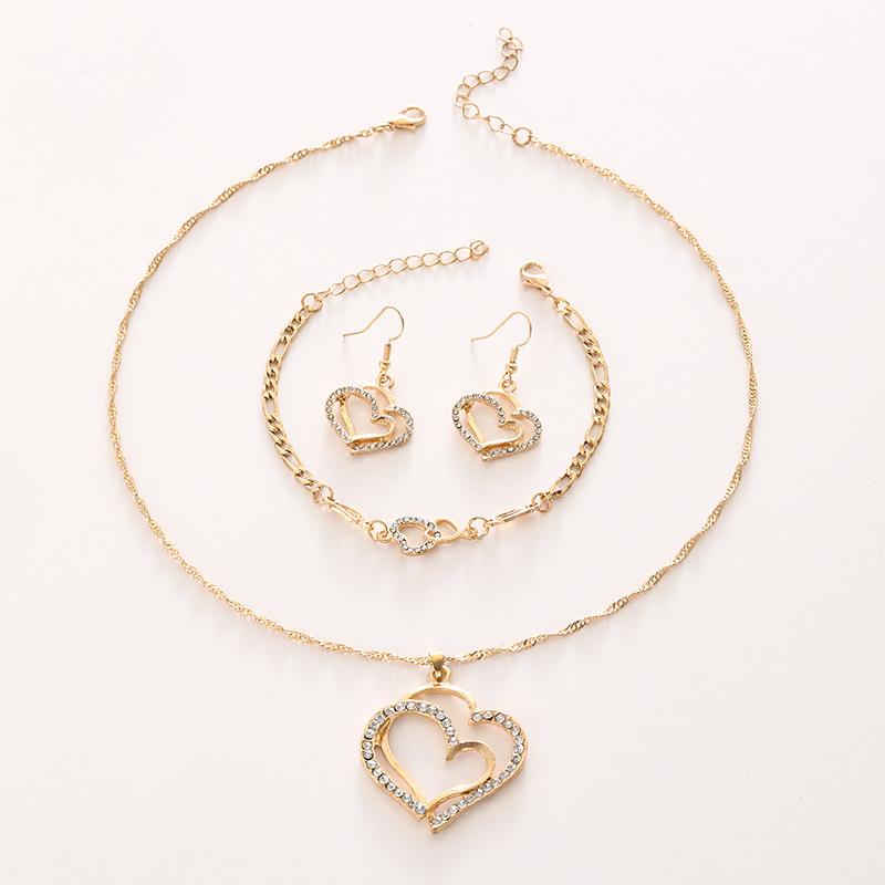 Sparkling  Double-Layer Hollow Heart-Shaped Pendant Necklace Women'S Temperament Versatile Jewelry Set