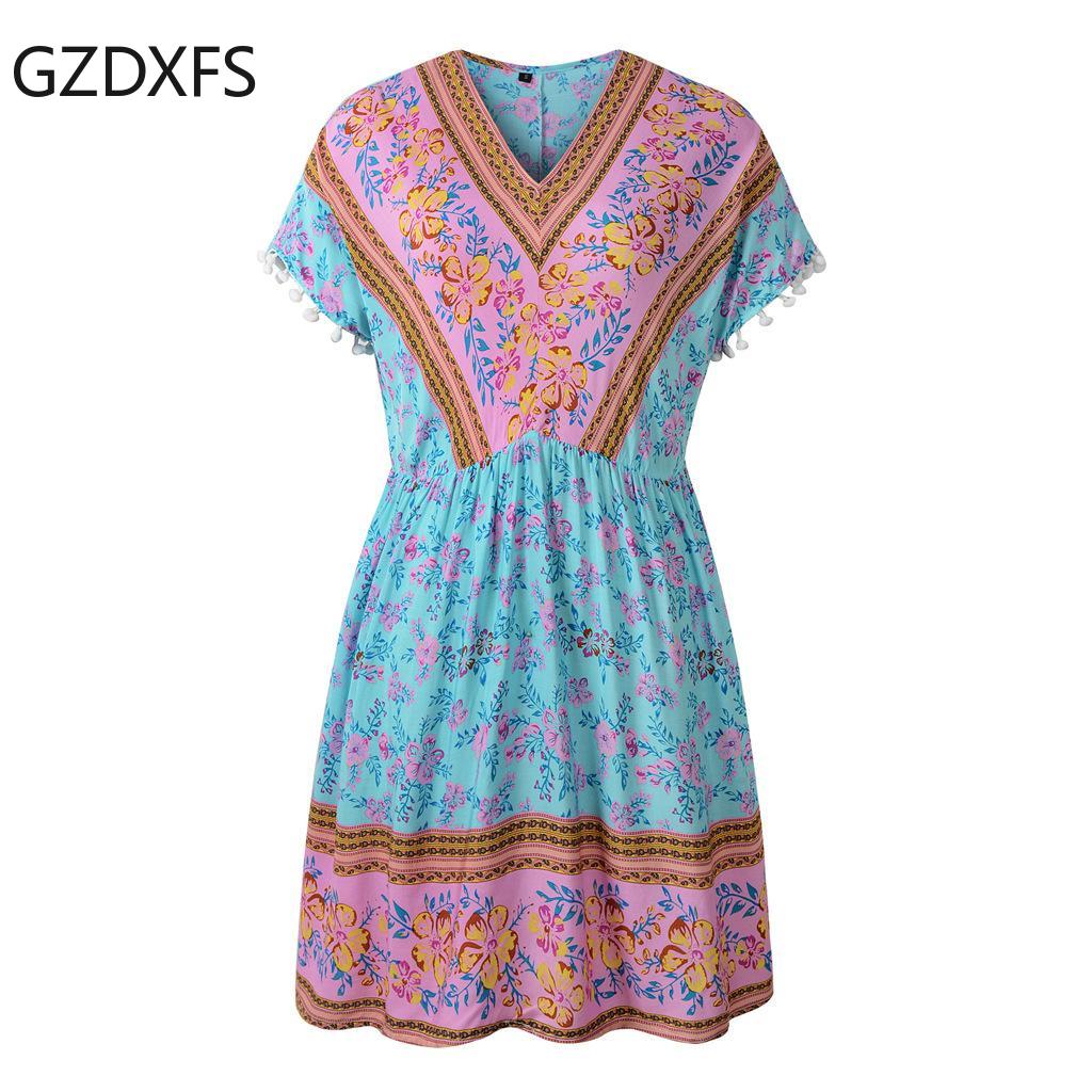 

Женское платье с короткими рукавами и V-образным вырезом в богемном цветочном стиле XXL синий