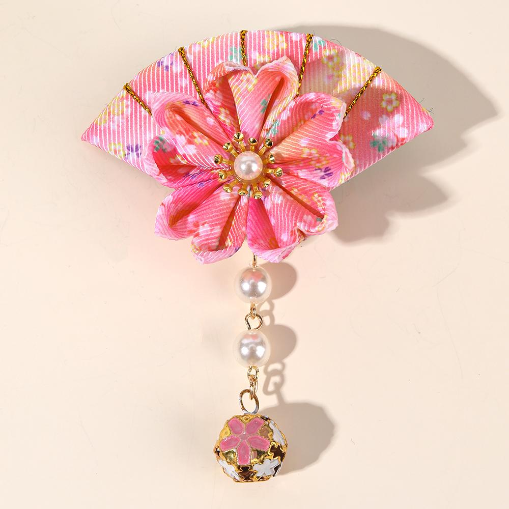 2Pcs Japanese Fan Hair Clip Sakura Ribbon Barrette Pearl Dangle Hairpin For Girls Women Children Headdress Headwear Accessories