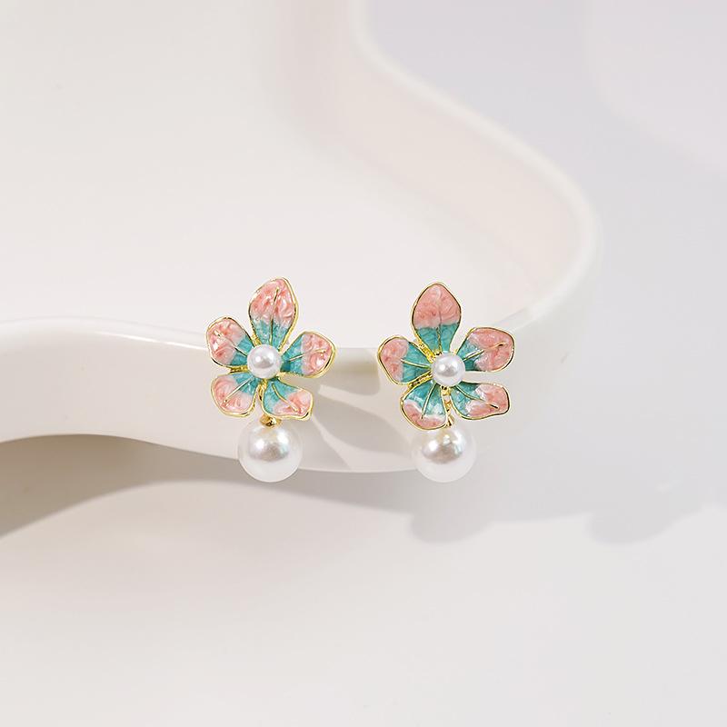 Pink Green Flower Dangle Earrings Imitation Pearl Ball Pendants Lovely Cute Plant Element Enamel Colorful Hanging Earrings