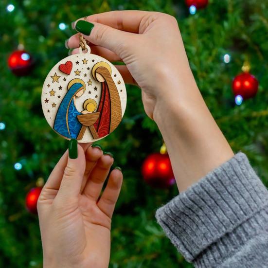 Nativity Scene Ornaments The Birth of Jesus Christian Ornament Round Wooden Religious Christmas Hanging Ornament for Xmas Tree Home Decor