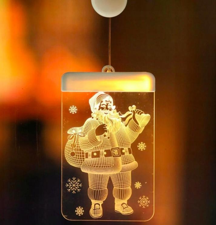 Christmas Window Decorations Stained Glass 3D LED Santa Claus Double-Sided Battery Operated