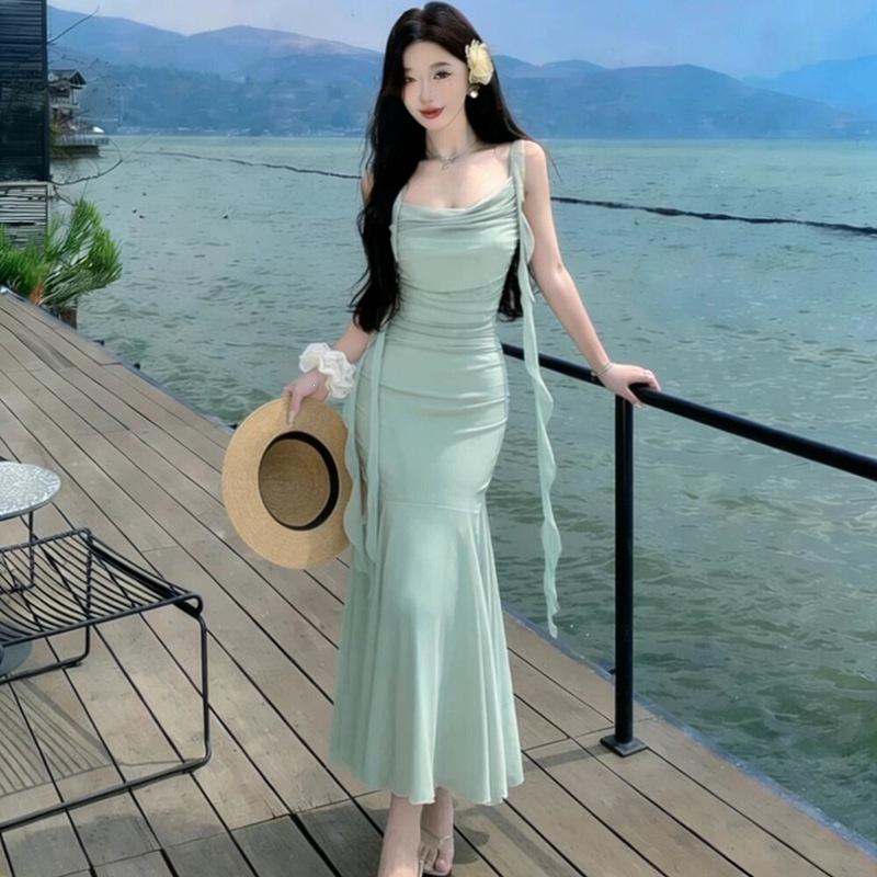 Gentle Temperament Skirt Feeling Beautiful French Niche Covering Meat and Showing Thinness Waist Pure Desire Suspender Fishtail Dress