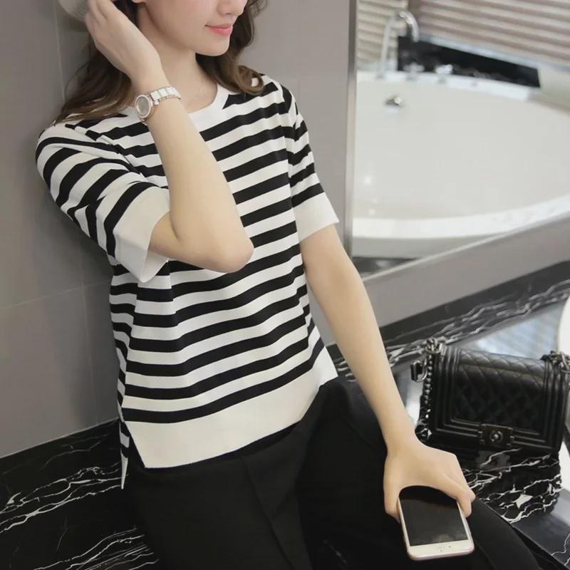

Женская полосатая футболка с коротким рукавом и разрезом, больших размеров, с круглым вырезом - Мода в корейском стиле XL