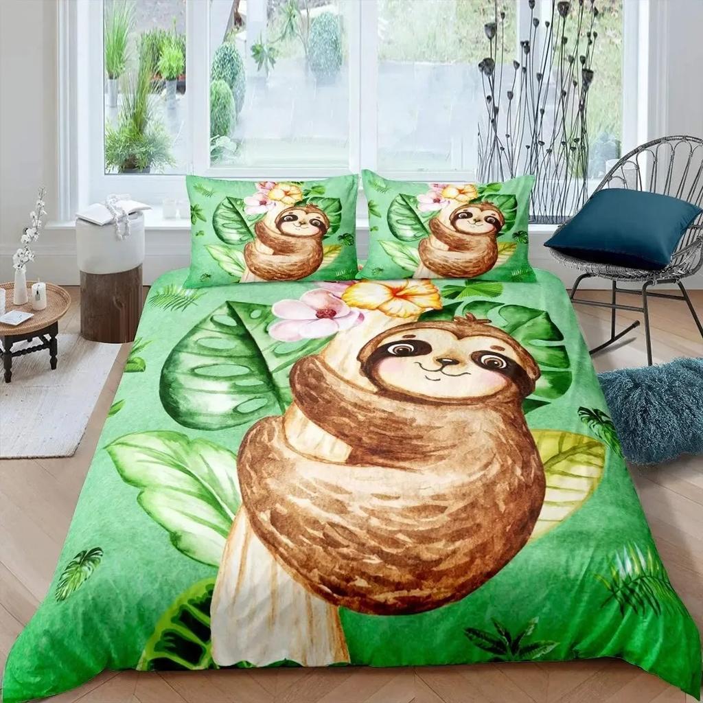 Kids Sloth Duvet Cover Set Queen King Size Cute Animal Pattern Polyester Comforter Cover Branches Winter Theme for Boys Girls