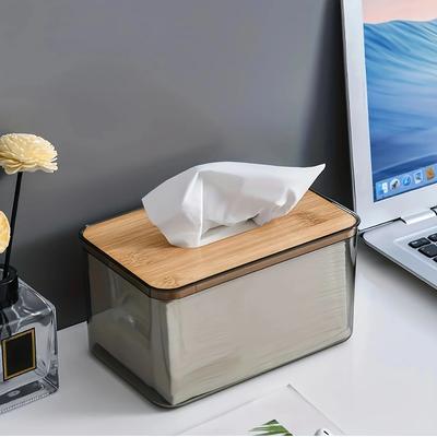 Tissue Holder Paper Box, Transparent Container with Bamboo Cover, Living Room, Bedroom Tissue Storage Box