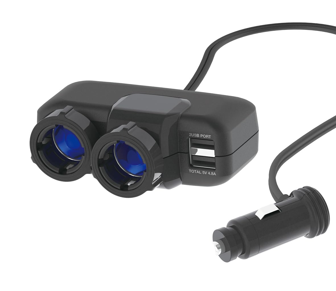 

Pellucid PST2049 Автотовары, Розетка прикуривателя, 2 USB, 4.8 А, Блокируемая, Двойная розетка-удлинитель BK