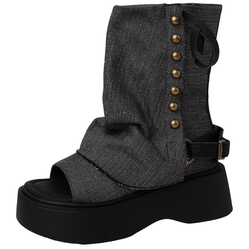Design denim rivet open-toe cool boots new thick-soled trouser tube boots thin boots women's shoes