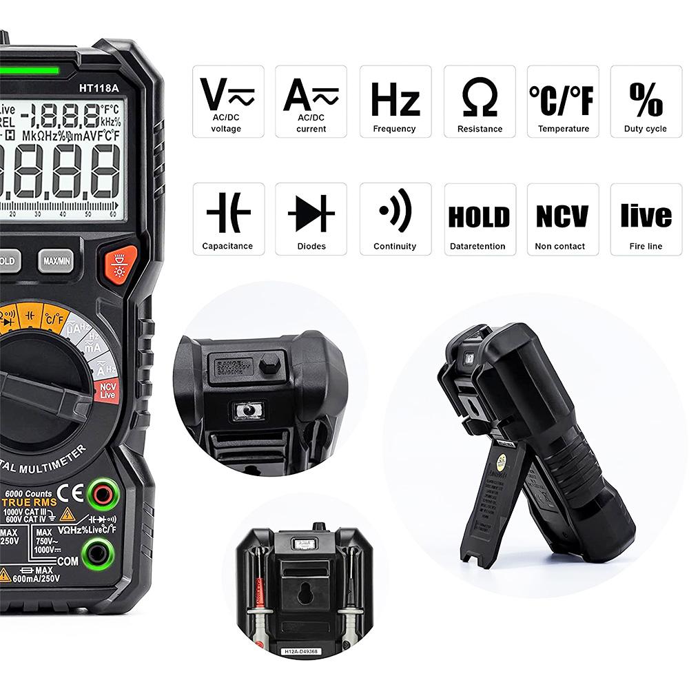Multimetru Digital KAIWEETS TRMS ,6000 Numărări, Voltmetru, Domeniu Automat, Măsoară Cu Precizie Tensiune Curent Amperaj rezistenț