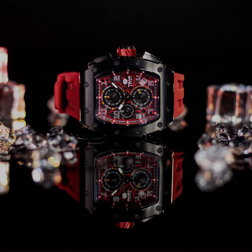 TSAR BOMBA 5 ATM Water Tonneau Stainless Barrel Men's Wristwatch, Resistant, Shape, Steel, Business, Sports, Luxury, Fashion, Casual, Shape, Black/Red