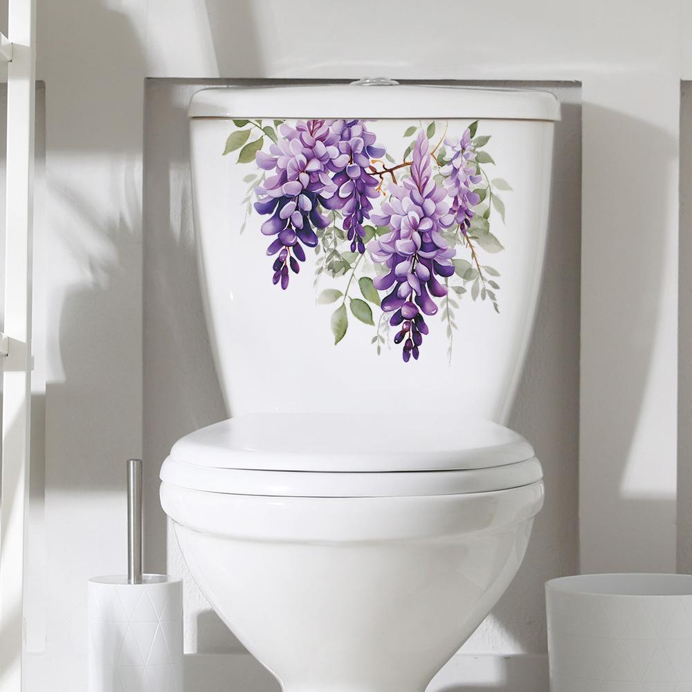 Elegant Purple Vine with Leaves and Flowers Toilet and Wall Sticker Set Waterproof Self-Adhesive Removable Decal for Bathroom WC Home Decor