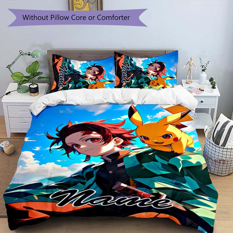 3pcs Demon Slayer6 Cover Set - Personalized Name, HD Printed Bedding with 1 Cover and 2 Pillowcases - Perfect for Home Decor, Easy Care
