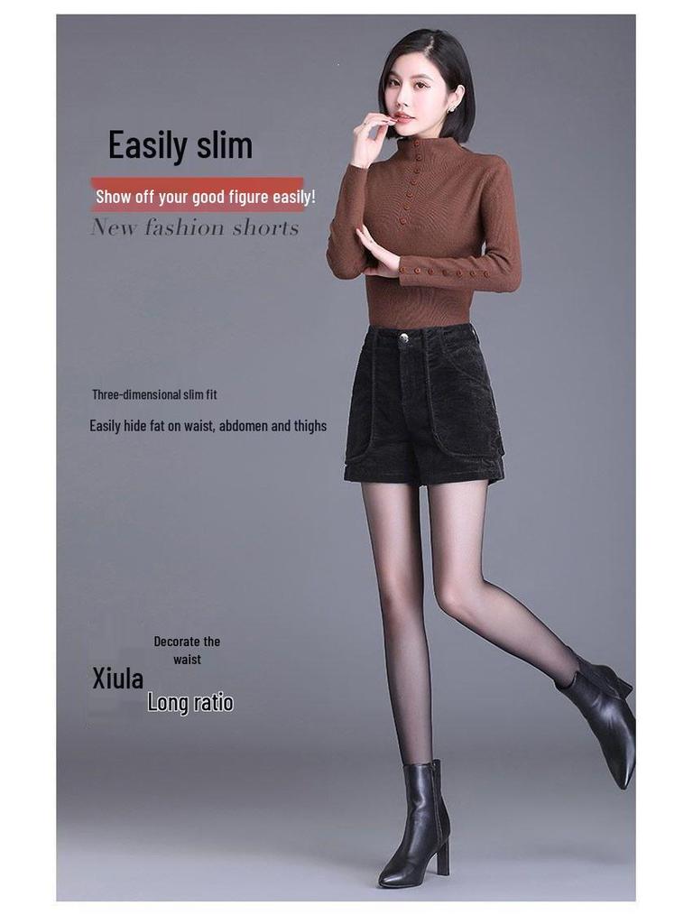 Women's High-Waisted Corduroy Wide-Leg A-Line Bootcut Shorts - 2026 Spring/Autumn Fashion Trend