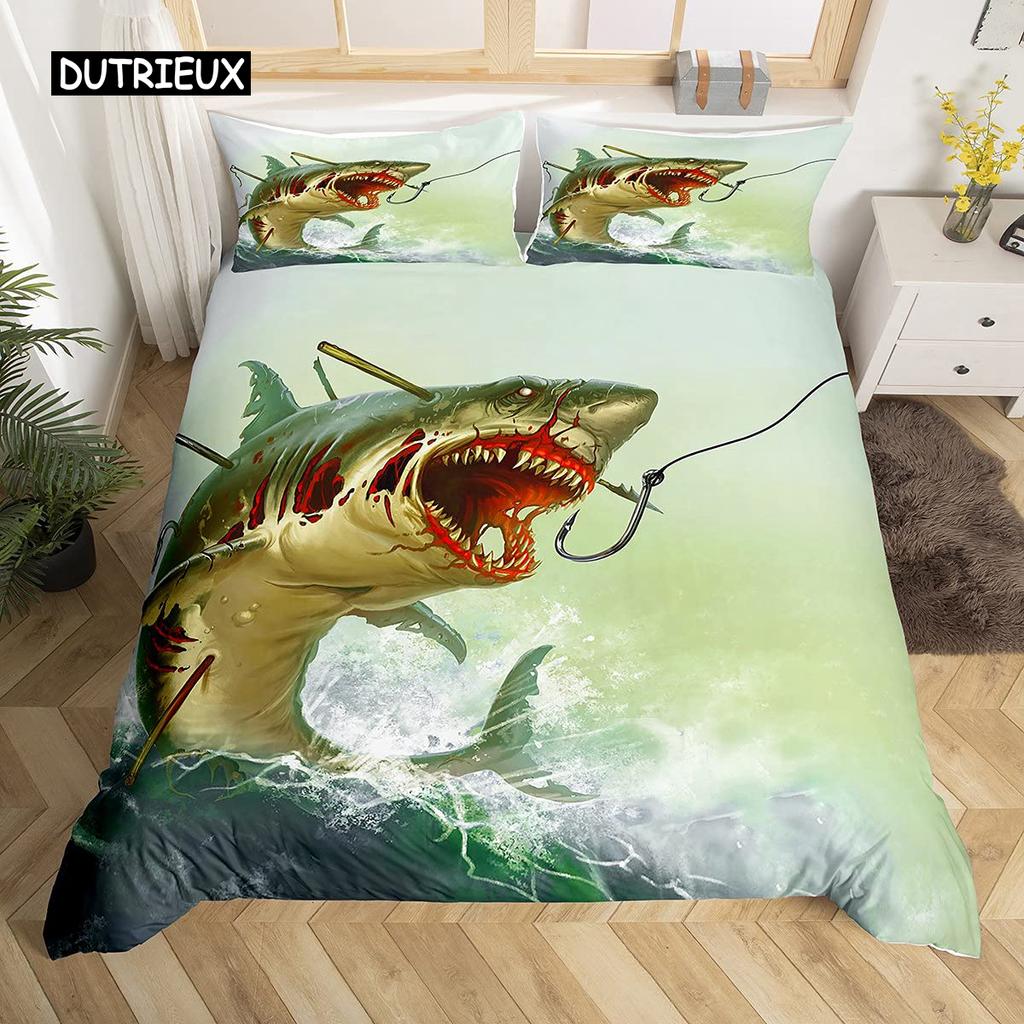 Shark Duvet Cover Set Deep Sea Animal Bedding Set Cartoon Ocean Sharks Colourful Hand Drawn Comforter Cover For Kids Boys Girls